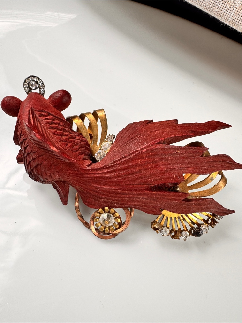 France Wooden Red Fish Hair Clip with Rhinestones - Women Vintage